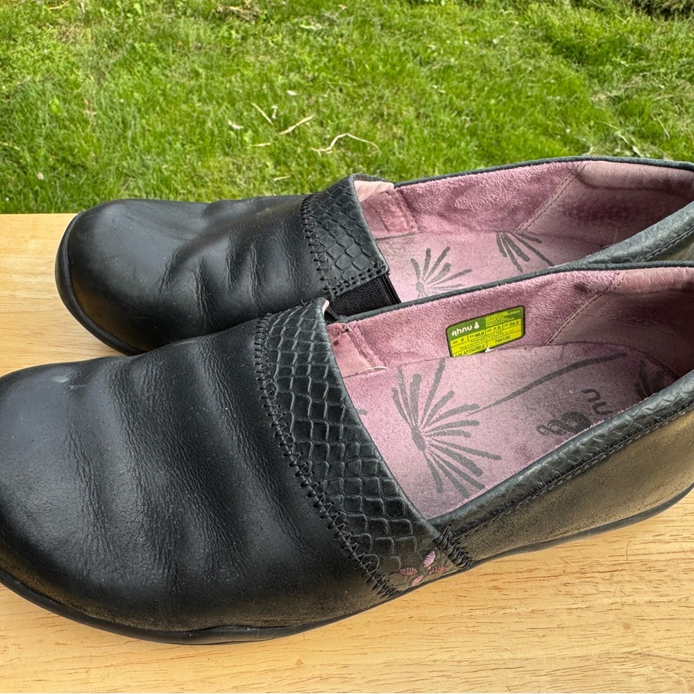 Ahnu Black Leather Loafers with Pink Interior
